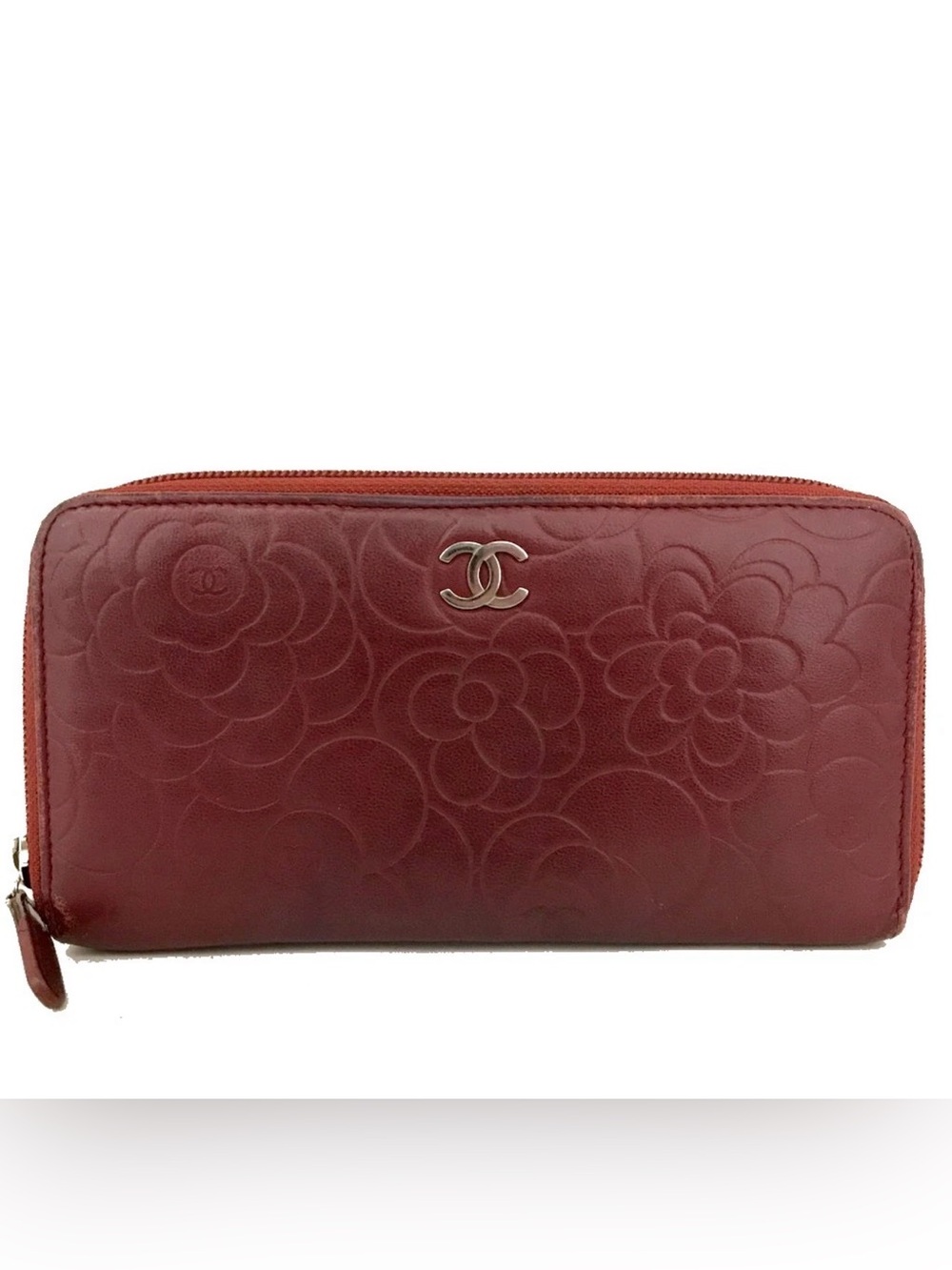 CHANEL Burgundy Camellia Embossed Leather Zip Wallet with CC Logo